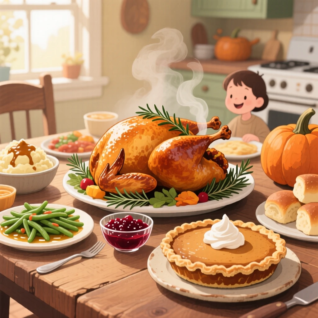A rustic table spread with a Thanksgiving feast of roasted turkey and pumpkin pie, filled with the warmth of a home-cooked welcome.