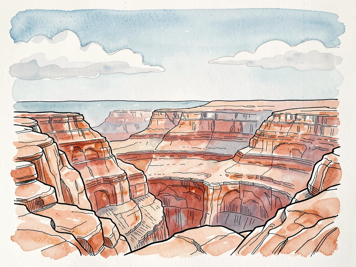 A canyon rim overlooking layers of red and orange sandstone, clouds drifting slowly across an otherwise clear sky.