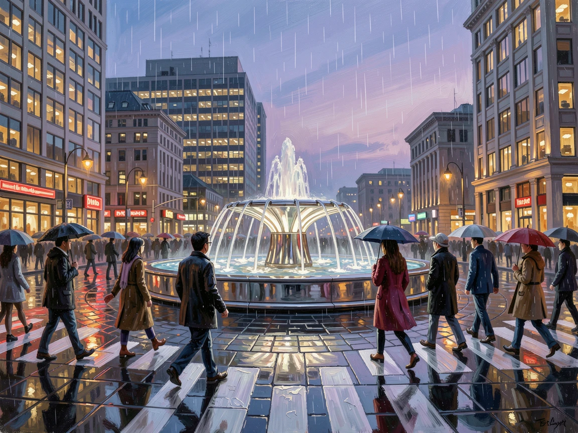 A busy urban plaza with a modern fountain, office lights slowly switching off as evening falls, with a busy crosswalk full of pedestrians, during a rain shower, streets glistening with reflected light.