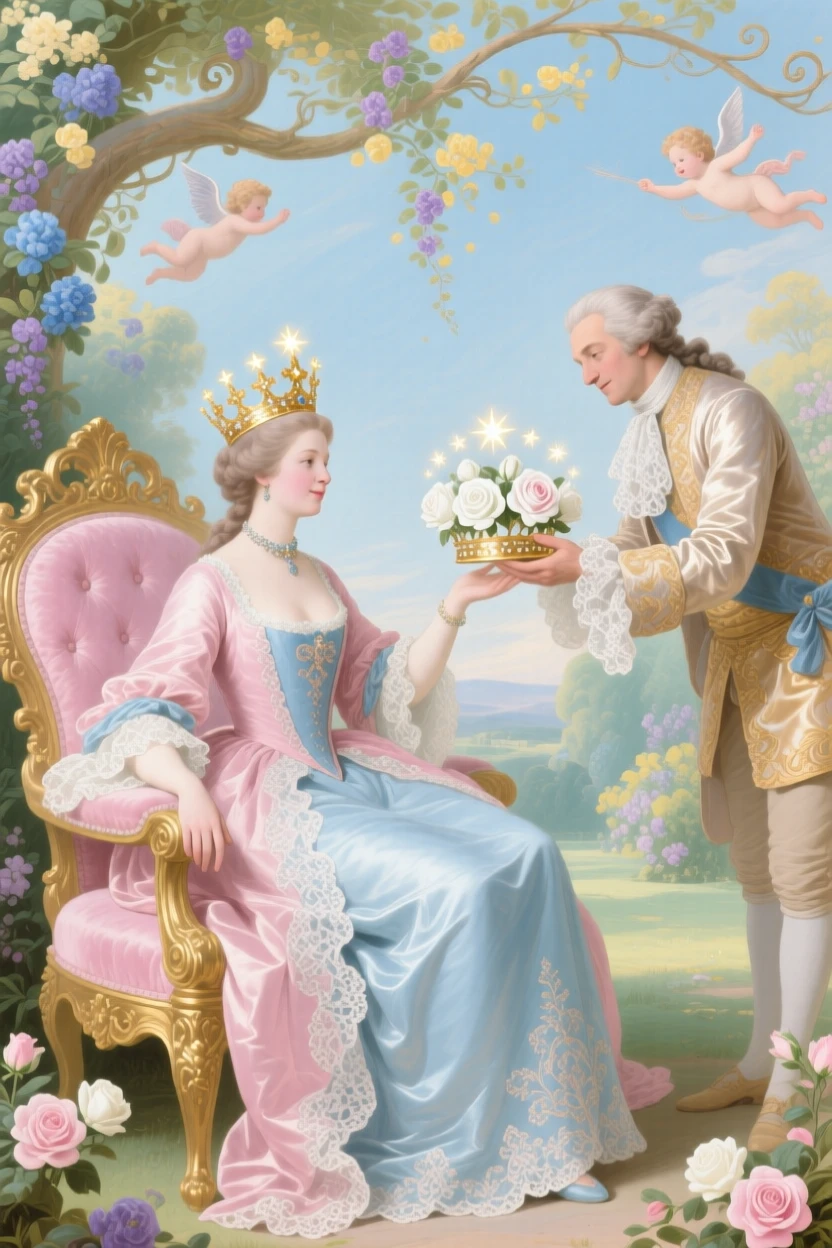 A queen receiving a crown woven from stars and white roses  