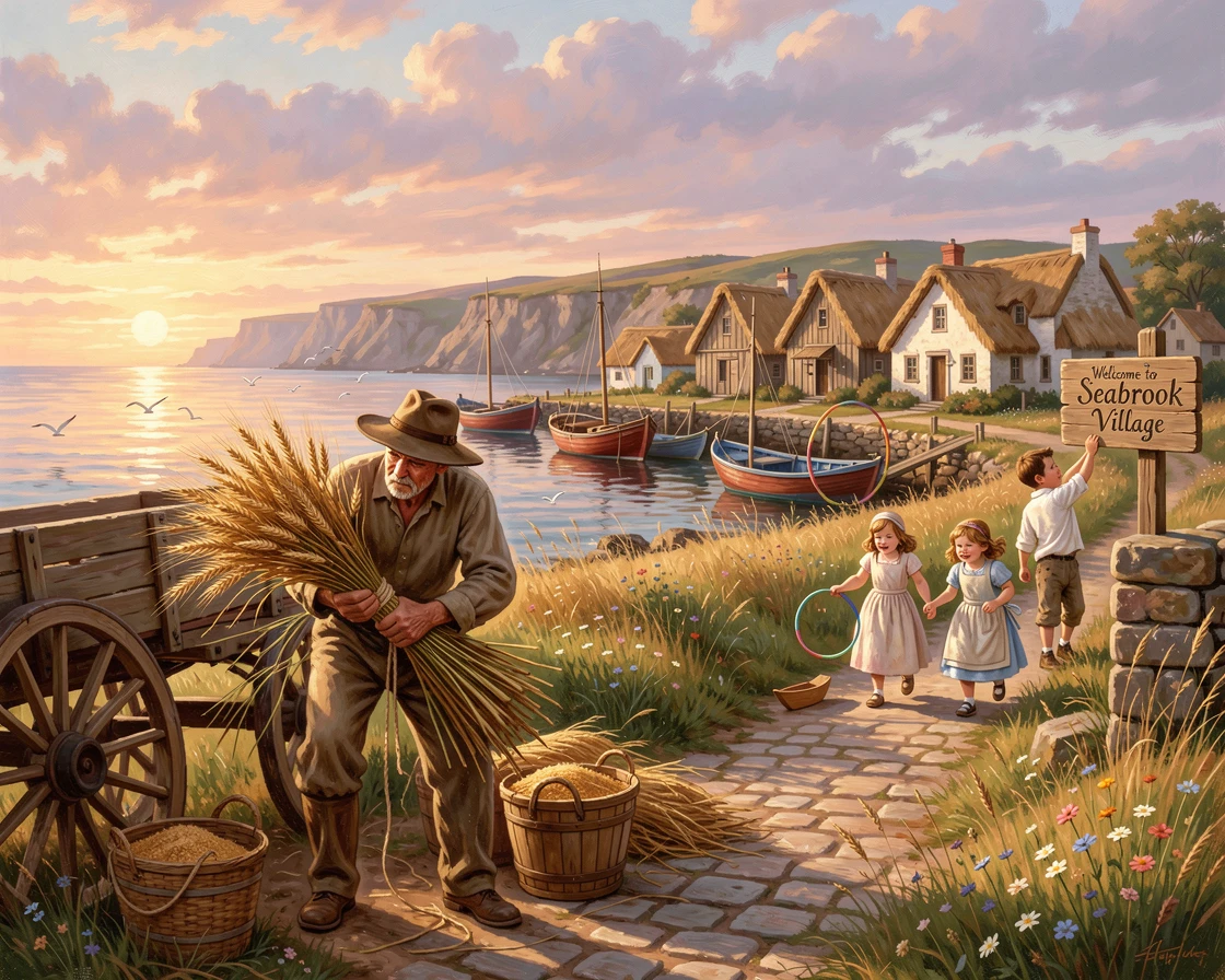 A miller gathers the harvest near a coastal fishing village while children play in the lane.