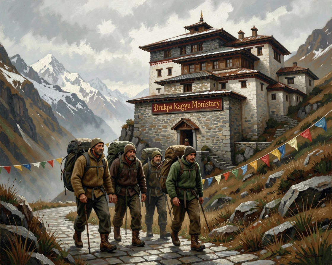 A group of trekkers reaching a remote Himalayan monastery after days of hiking, as the vastness of the destination dwarfs the traveler in scale, evoking wanderlust and the irresistible call of adventure