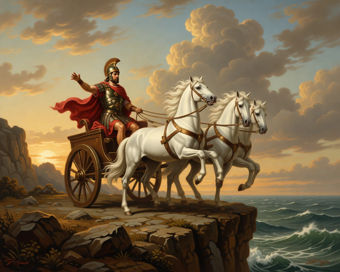 A triumphant Roman general riding a chariot drawn by four white horses at the exact instant fate is sealed, set atop a cliff overlooking a stormy sea, as sunlight gilds the edges of drifting storm clouds; a low vantage point emphasizes the towering scale of the moment, filled with reverence for legend made flesh.