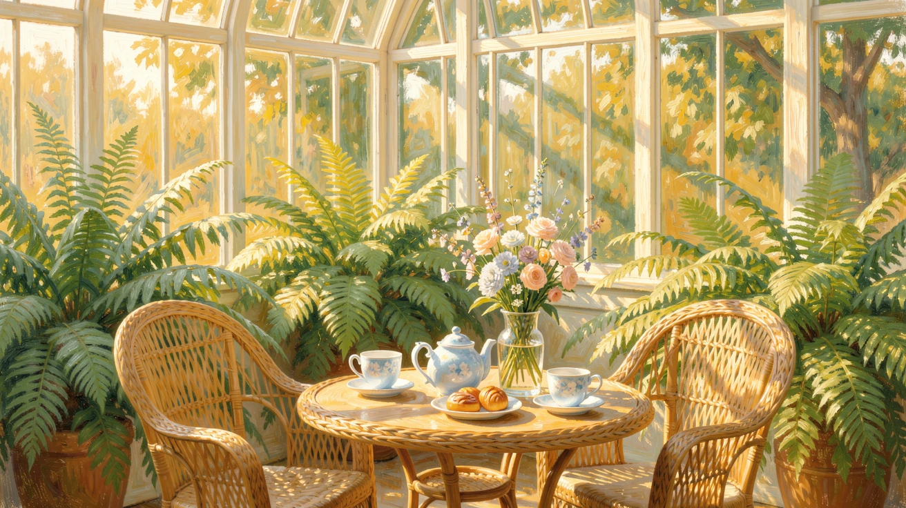 A sunlit conservatory filled with wicker furniture, ferns, and a table set for afternoon tea, capturing a fleeting moment of pure happiness.