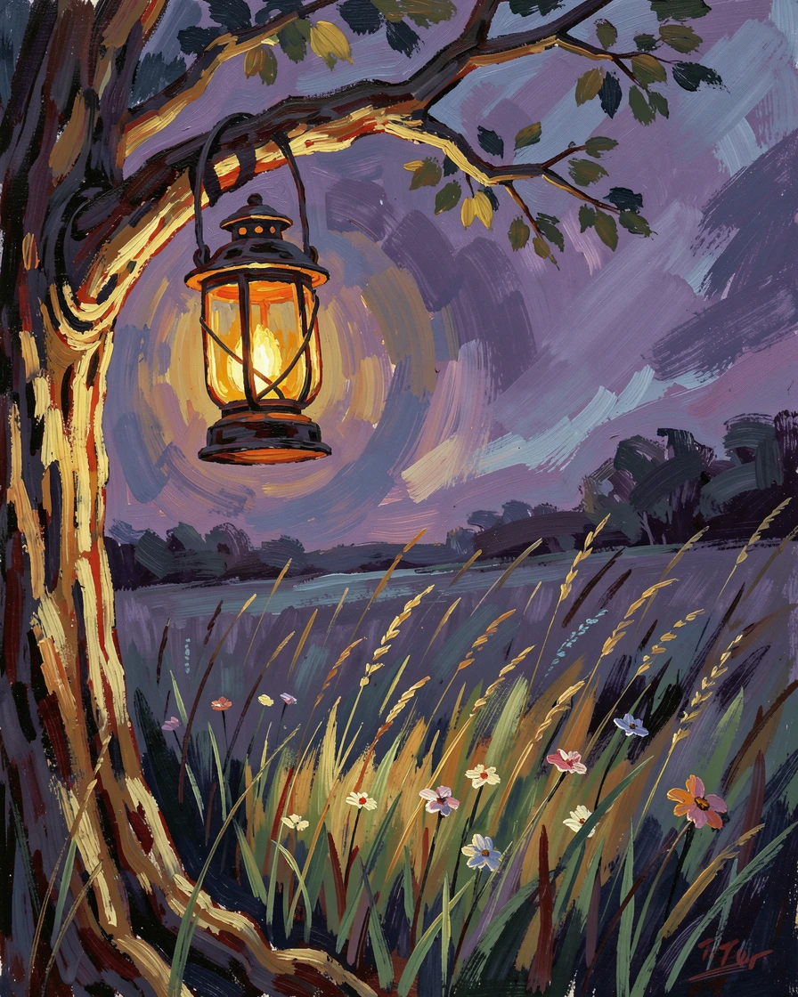 A lantern hanging from a tree branch, its glow the only light in a quiet twilight meadow.