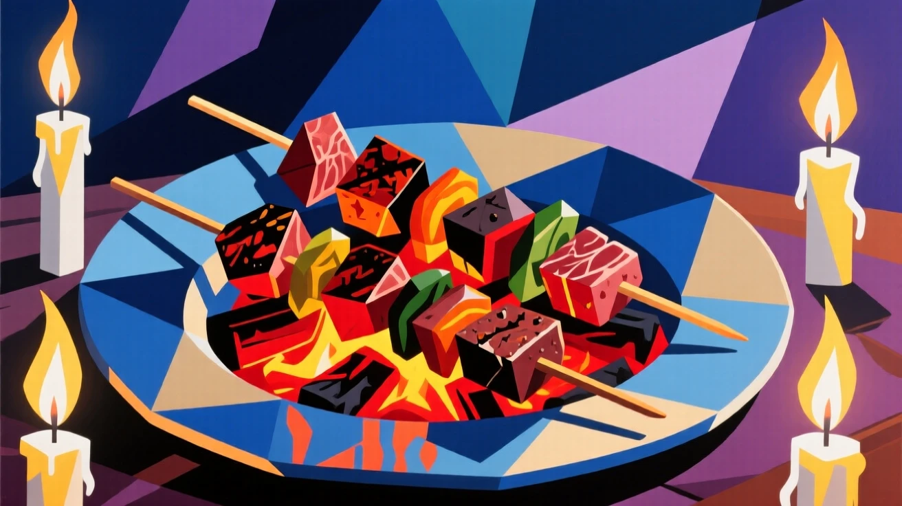A mouthwatering image of a platter of grilled skewers over glowing coals plated elegantly for a candlelit dinner.