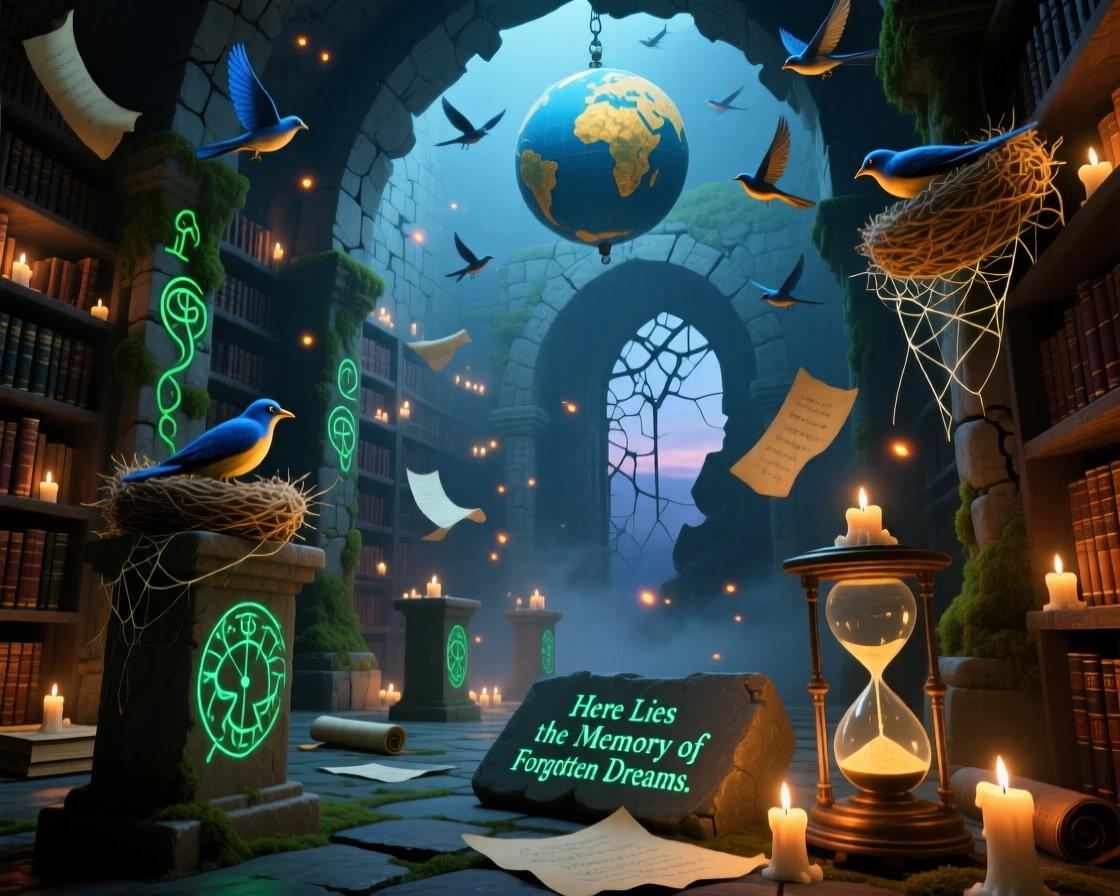 A hidden archive room lit by floating candle flames holds its secrets quietly behind crumbling stone walls, while birds nest peacefully among its crumbling towers.