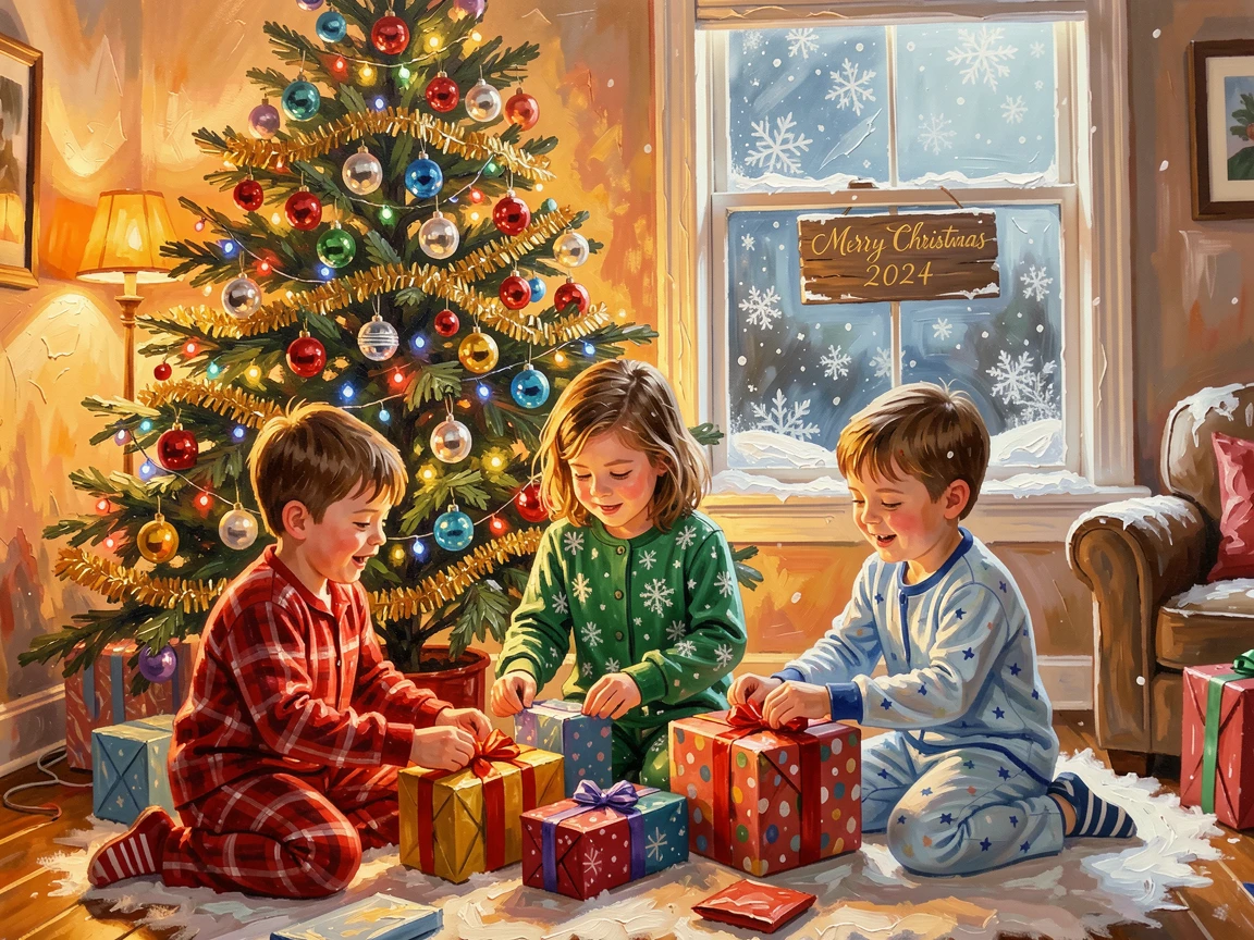 A cozy Christmas morning scene shows children in pajamas unwrapping presents beneath a glowing tree as snow falls outside the window, warm ambient light illuminating faces filled with joy and communal spirit.