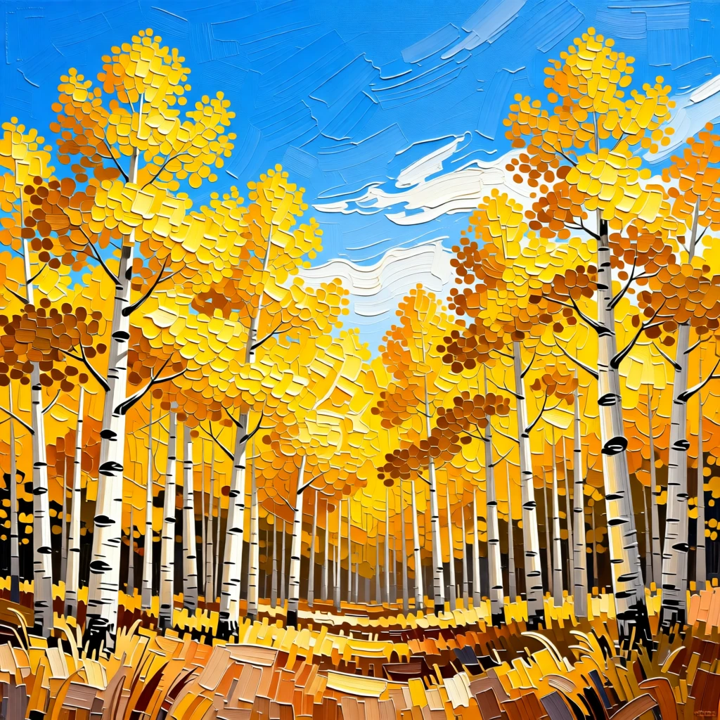 A field of golden aspen trees glowing under a crisp blue Colorado sky