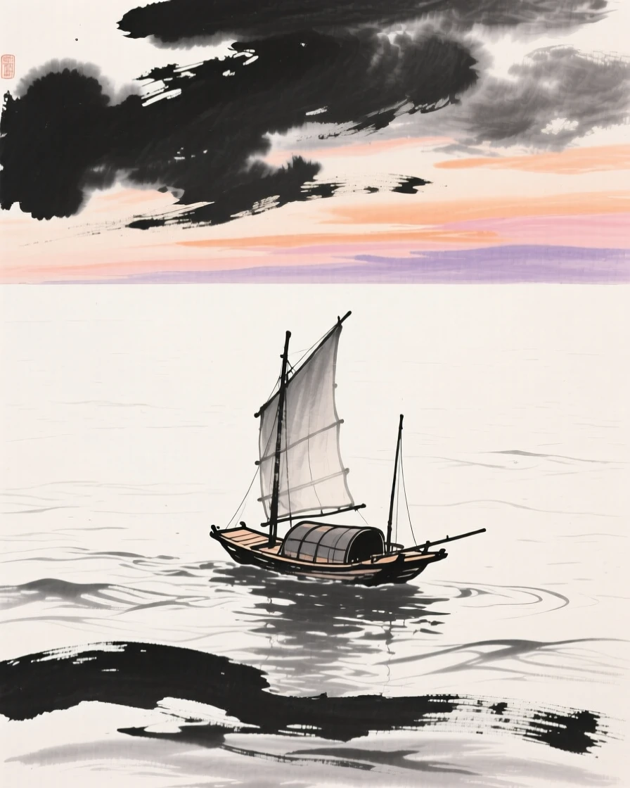 A fishing junk sails across open water beneath a sky full of drifting clouds, beneath a sky streaked with the colors of sunset.