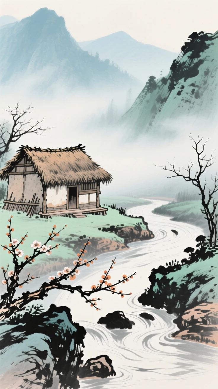 A rustic thatched cottage beside a bend in a mountain stream, carrying a mood of wistful nostalgia, through swirling morning fog, as the last plum blossoms cling to bare branches.
