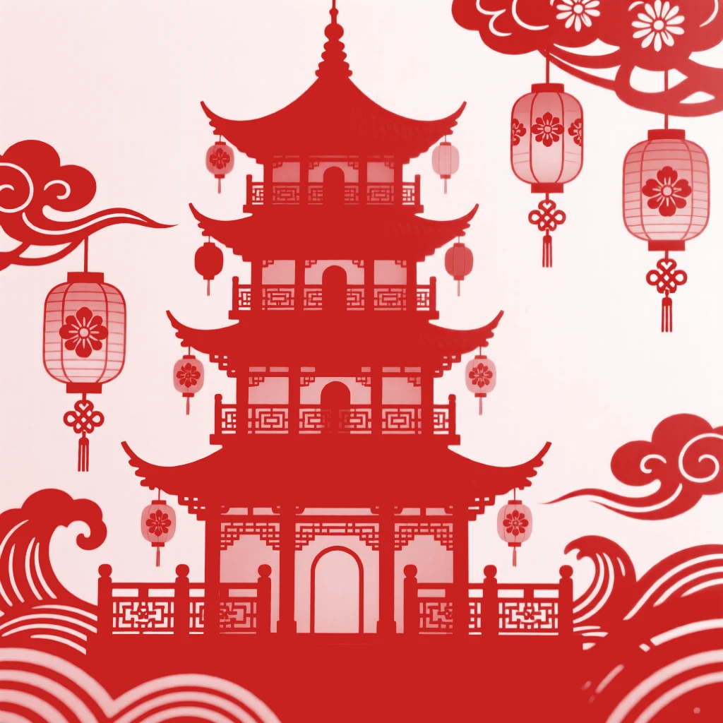 A pagoda, as lanterns are lit for the coming night, its carved railings catching the last light.