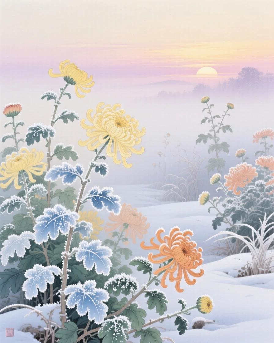 A frost-covered chrysanthemum garden at first light in early winter, with the first light of dawn touching the horizon