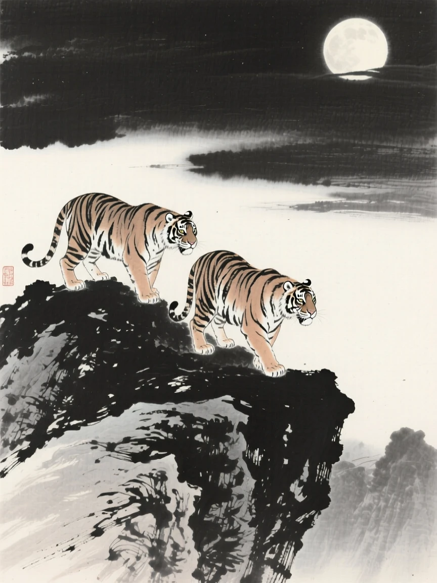 A pair of tigers moving cautiously along a rocky ridge in a moonlit clearing, seen from a respectful distance within its natural surroundings, conveying quiet strength and natural grace.