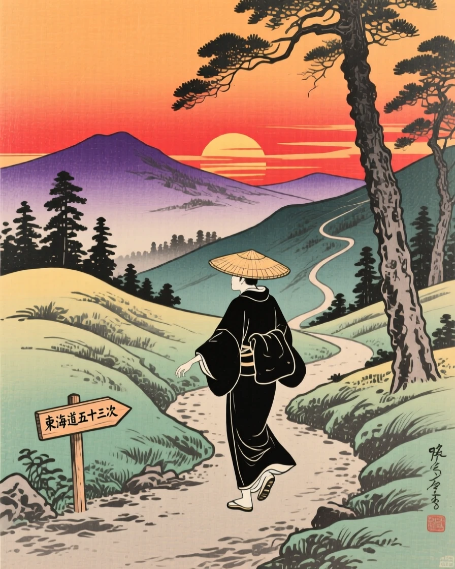 A lone traveler silhouetted against a blazing sunset, in perfect synchronized motion.