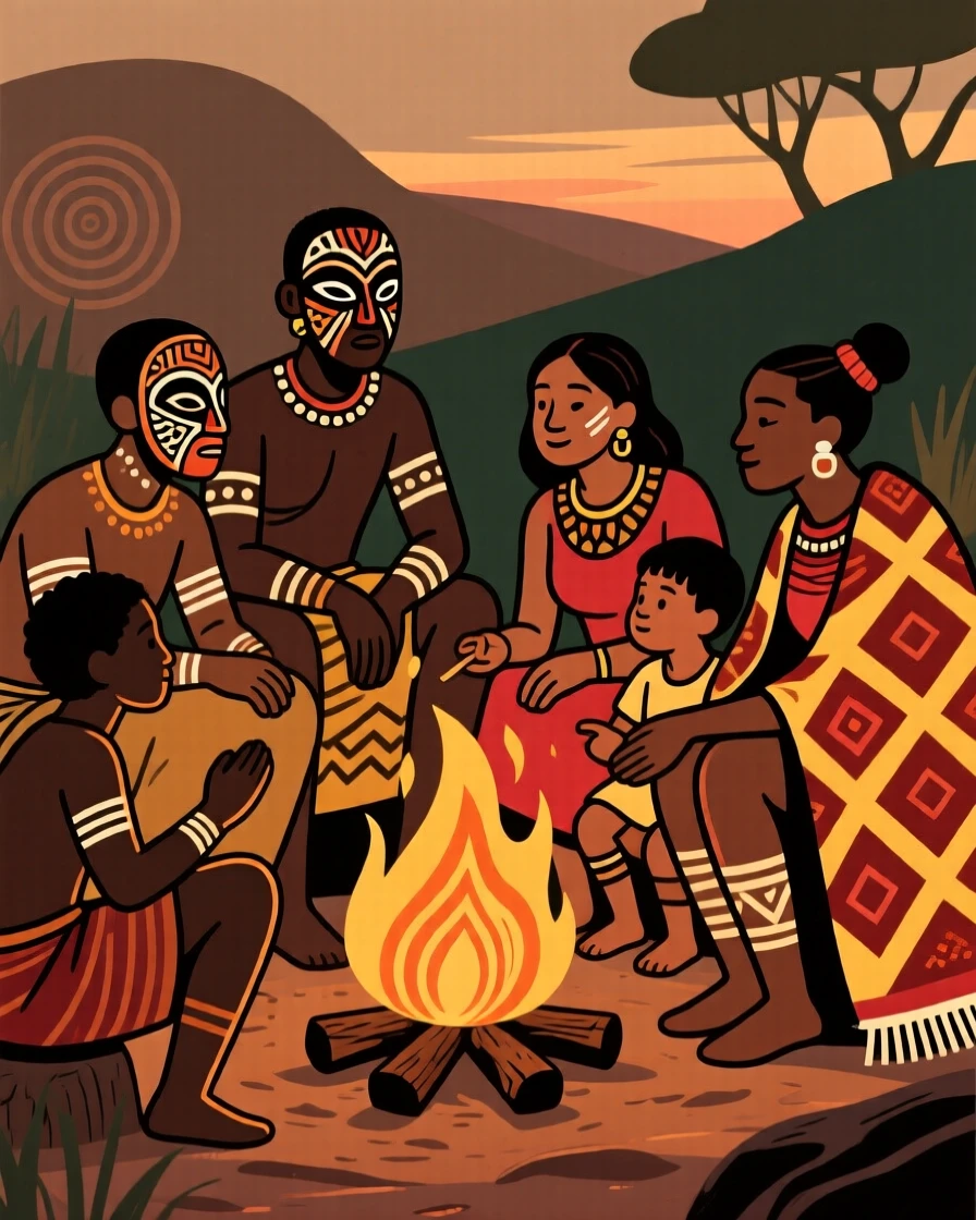 Neighbors sharing stories around a fire after a long day.
