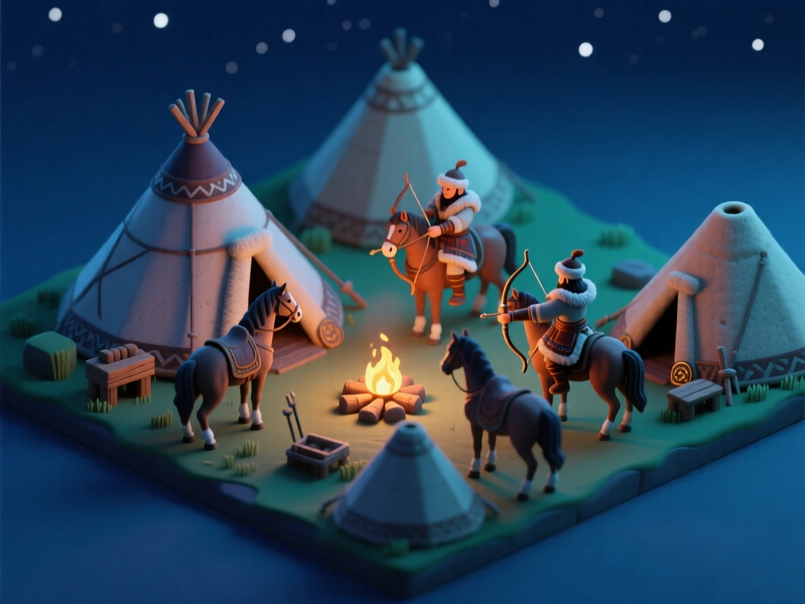An ancient Scythian steppe camp with felt tents, horse archers practicing nearby, and a fire crackling under starlight.