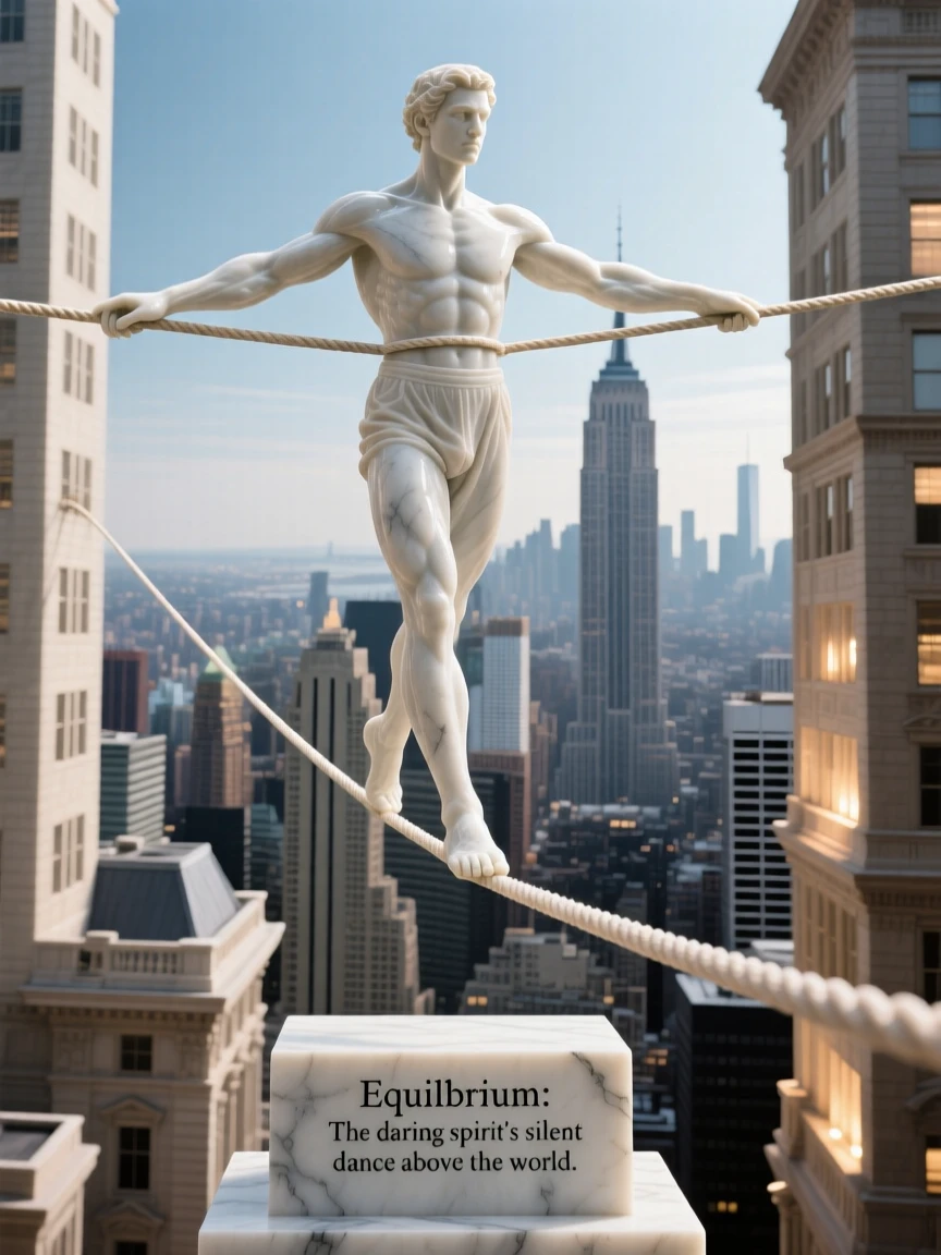 An evocative depiction of a tightrope walker balanced high above a city, surrounded by soft, glowing light, balancing detail with emotional depth