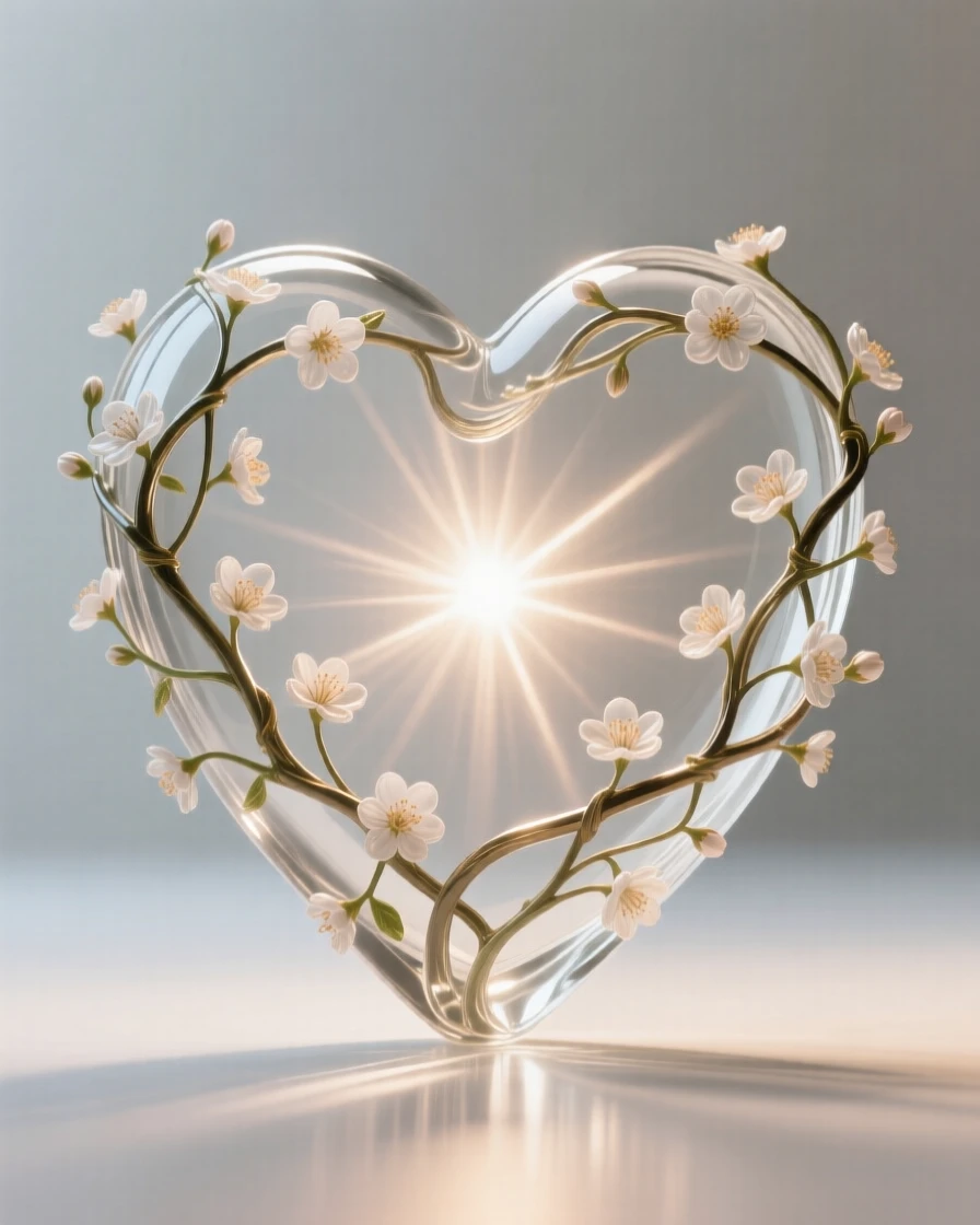 With soft rays of light stretching outward in every direction, a heart formed from a tangle of blooming vines, while light seems to pulse gently outward from the center