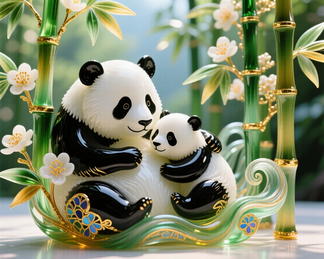 A mother panda and cub resting together among the lushest blooming bamboo groves at midday, tender and endearing.