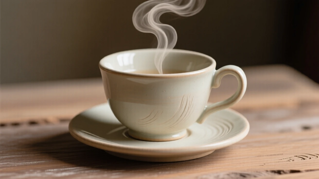 A delicate teacup with steam curling upward staged with careful, artful precision, surrounded by soft shadows and warm tones, stirring fond memories of simpler times.
