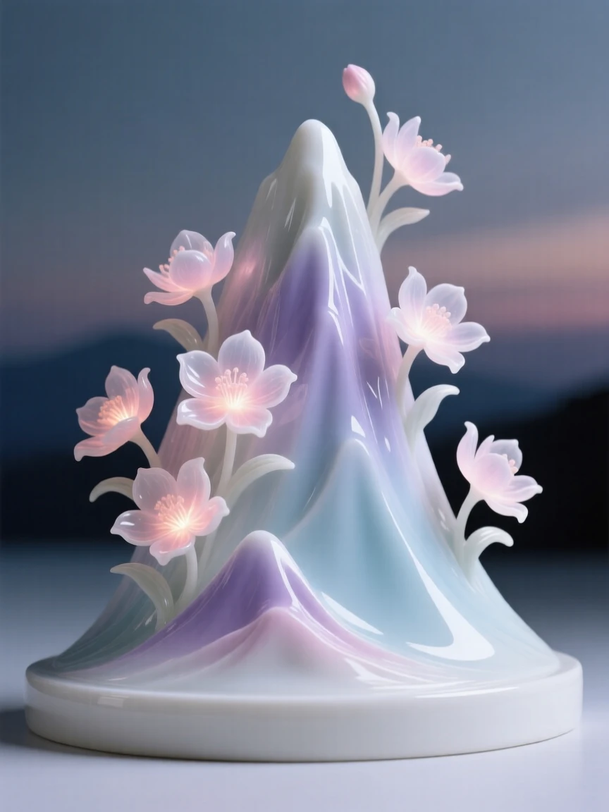 An imaginative vision of a mountain that blooms with flowers made of light, glowing softly against a twilight sky.
