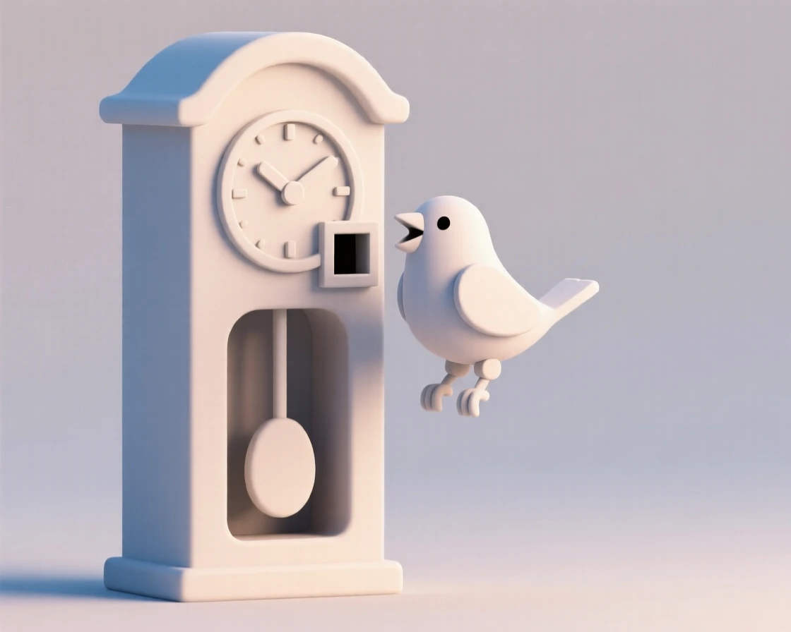 A cheerful grandfather clock chimes merrily as a tiny mechanical bird pops out to sing the hour.
