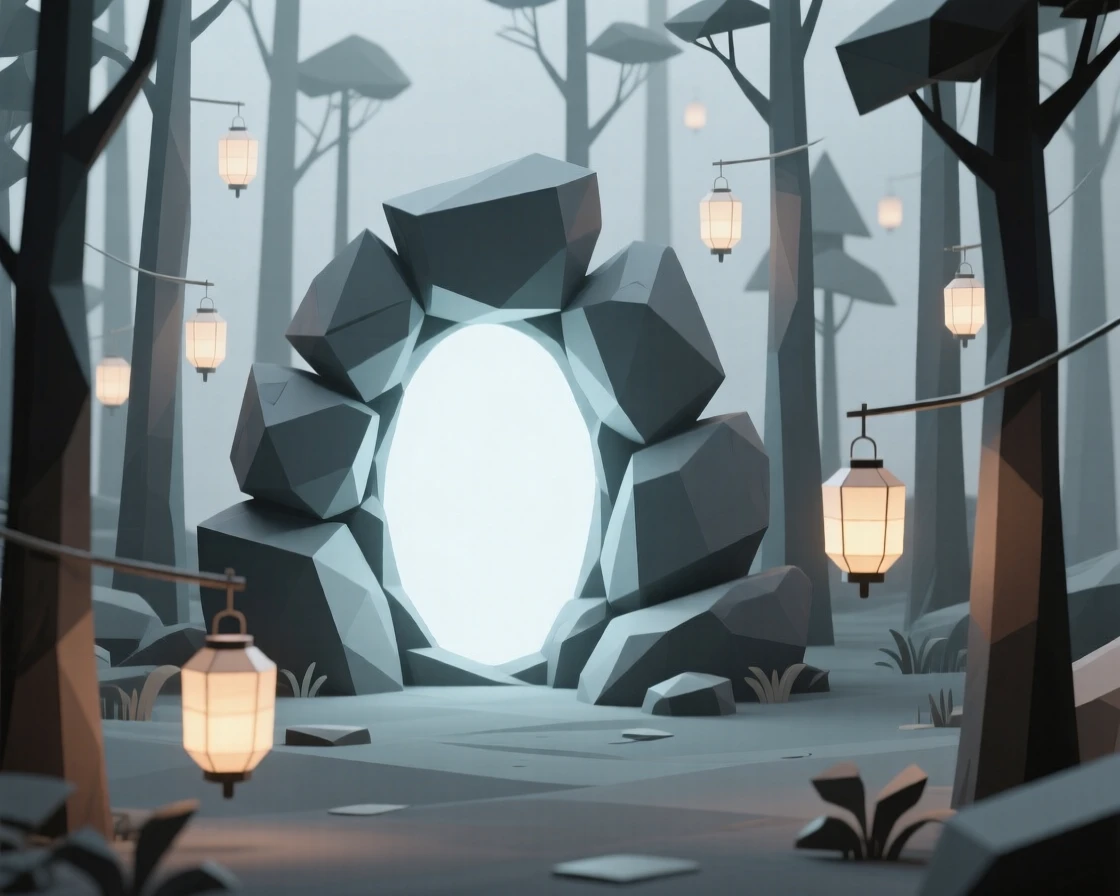 A hidden portal glowing between ancient stones, within a forest lit by floating lanterns. the scale of the scene emphasizes its grandeur. The moment feels suspended between worlds.