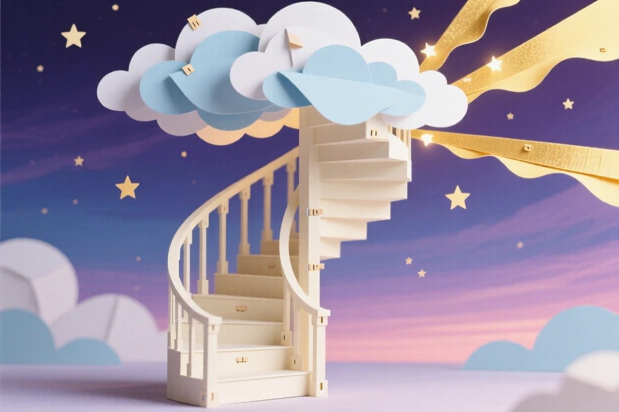 A staircase spiraling into the clouds glowing softly beneath a twilight sky, with soft golden light spilling outward, evoking a sense of boundless imagination.