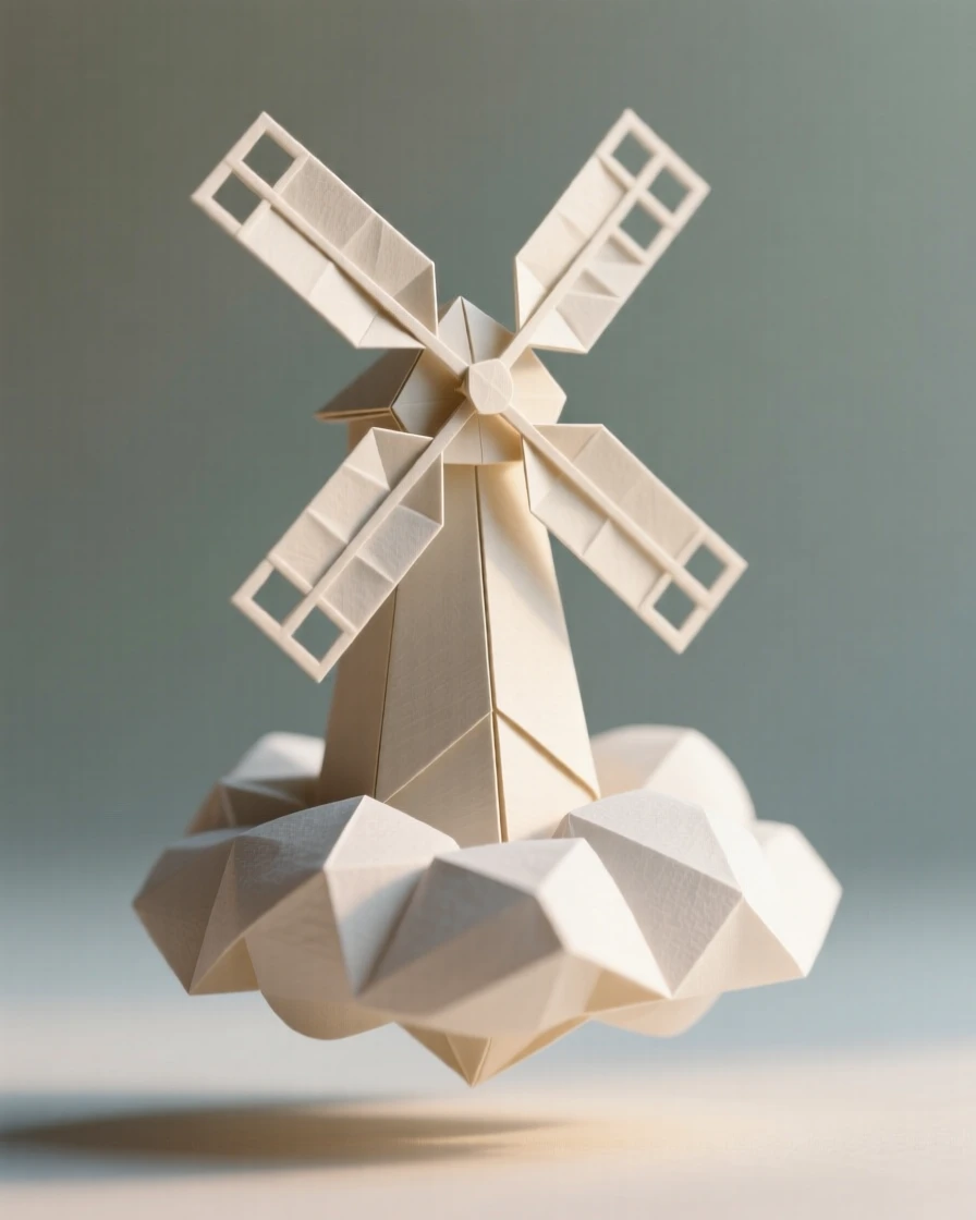A miniature windmill turning slowly atop a single floating cloud.