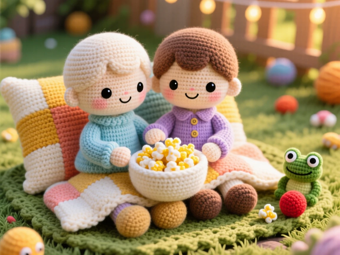 siblings making a pillow blanket cinema at home, gathered together for movie night, is captured sharing a bowl of popcorn between them in a sunny backyard set up for togetherness beside a scattering of toys tidied nearby, showing deep, unconditional love and togetherness.