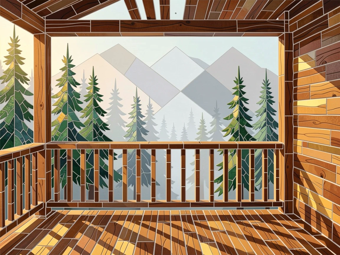 A quiet mountain cabin porch with a view of misty pine forests, with soft warm lighting and an inviting, peaceful atmosphere.