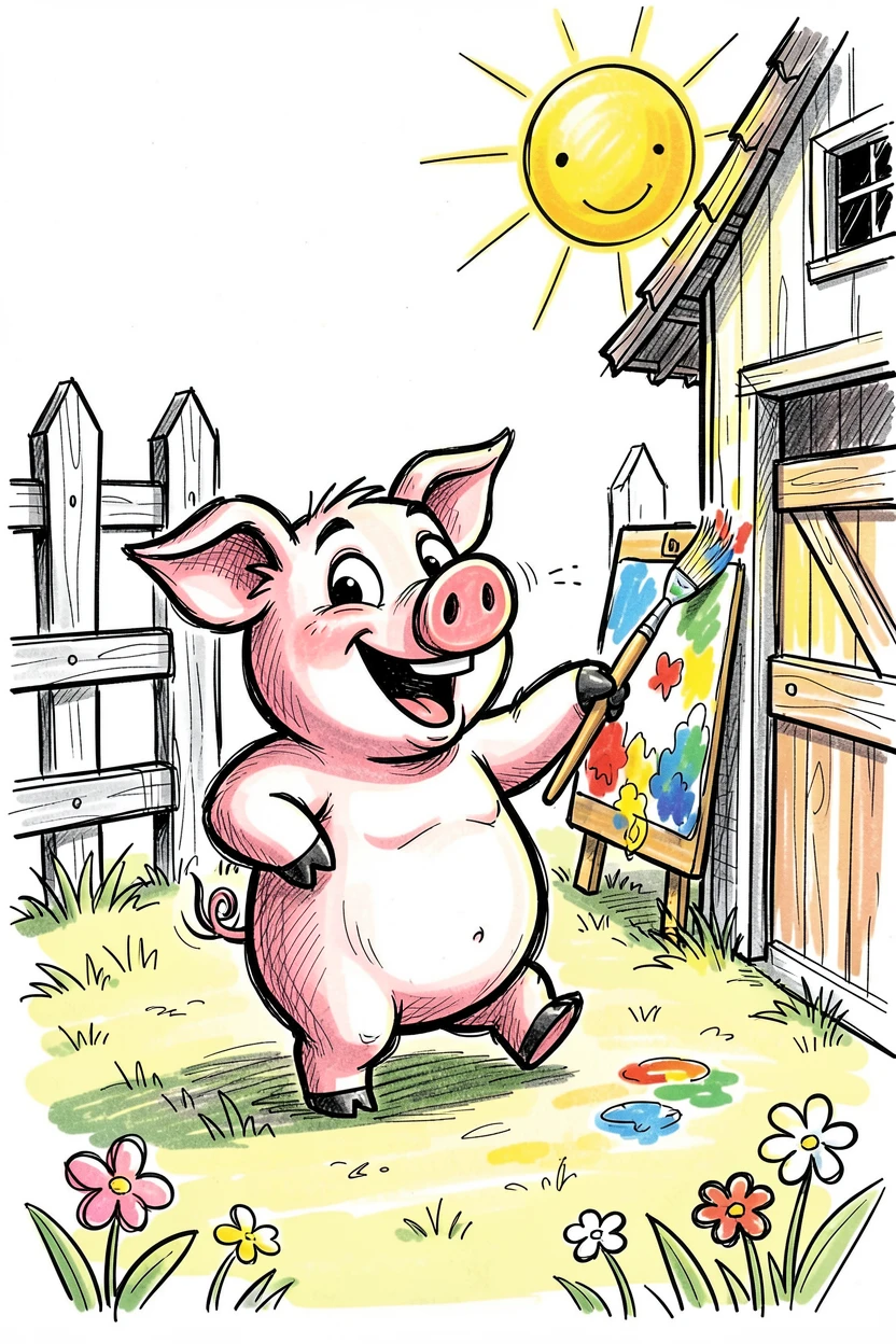 A pig happily painting its own sty in bright colors in a barnyard on a sunny afternoon.