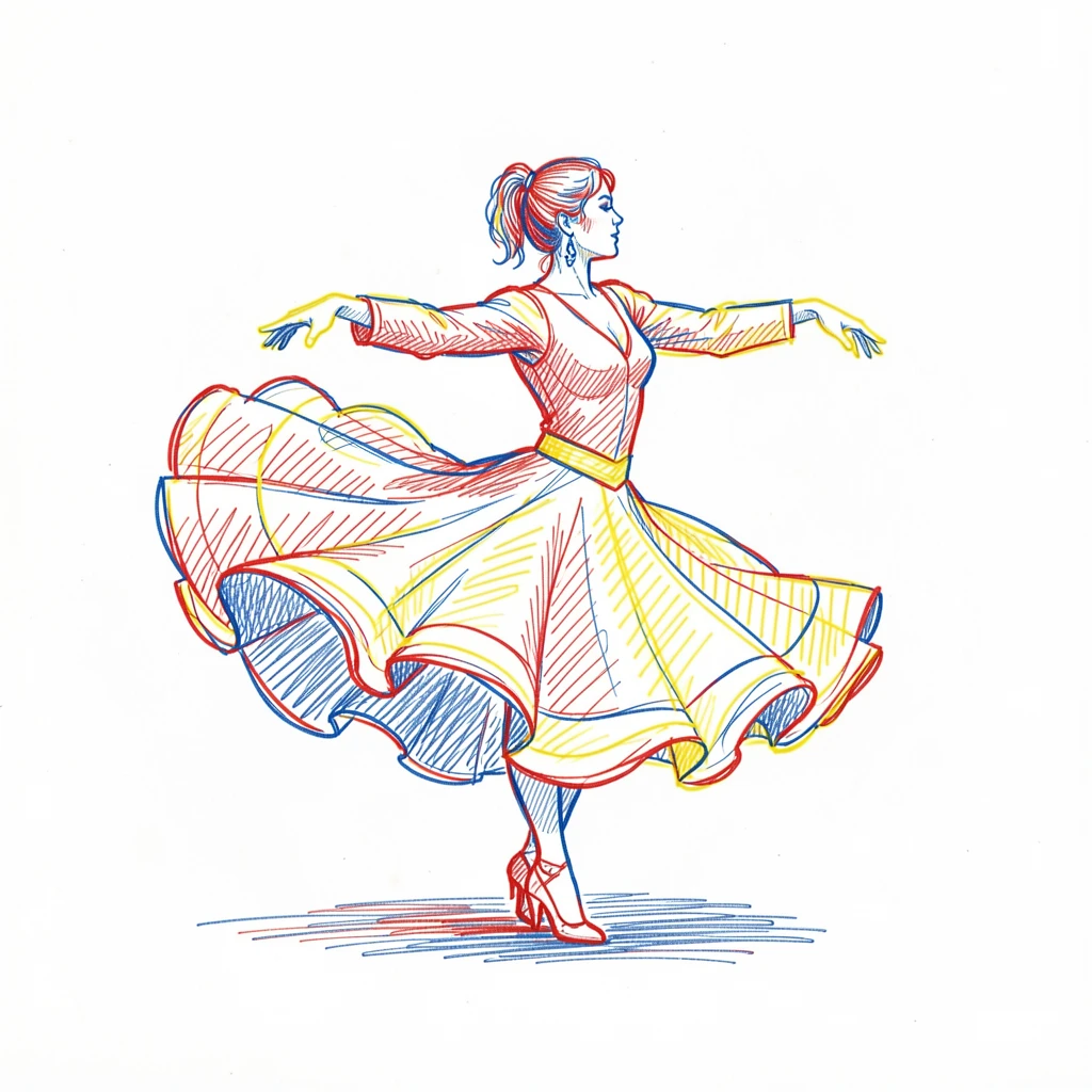A flamenco dancer captured mid-spin, dress flaring in vivid color