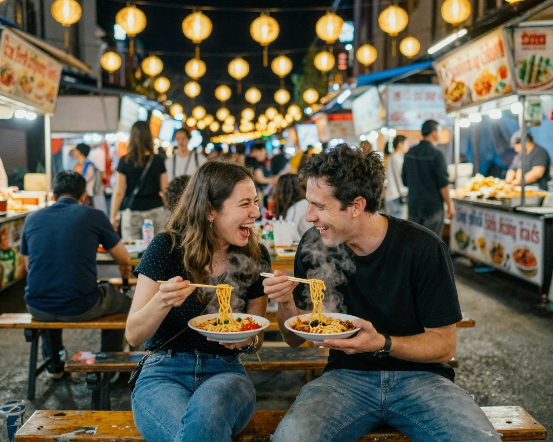 Two strangers bond over shared plates of spicy noodles at a crowded night market bench.