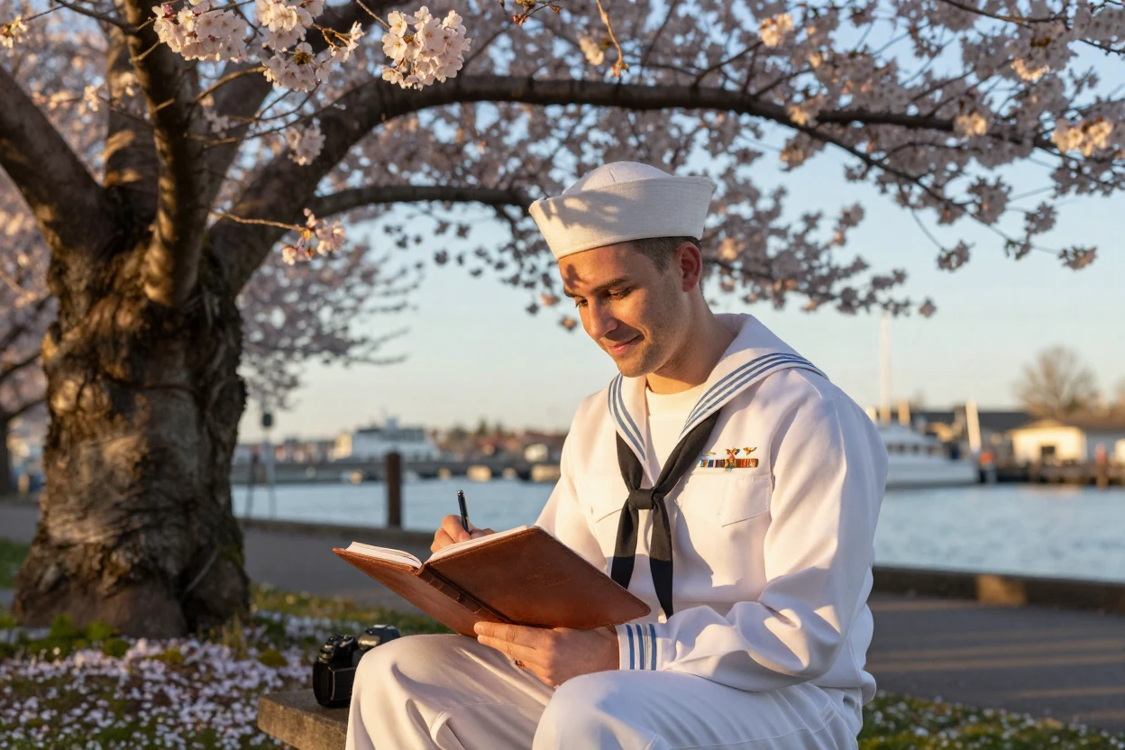 A newly married sailor sketching quietly in a well-worn notebook beneath a blossoming cherry tree, a gentle smile crossing their face