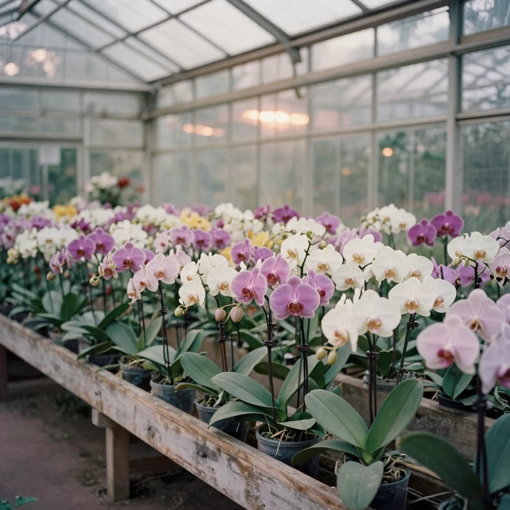 A greenhouse filled with rows of blooming orchids, in low lamplight, in crisp, dry air, during the long days of summer, in soft muted pastels, from a three-quarter angle.