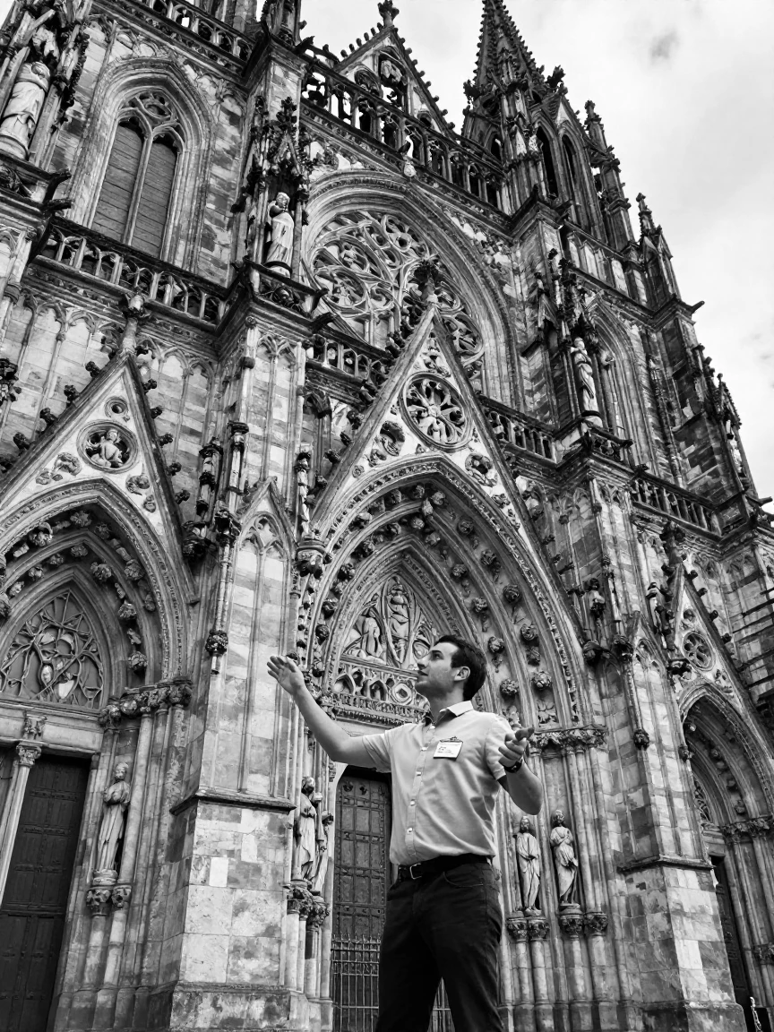 A tour guide points out details on an ancient facade outside a centuries-old cathedral.