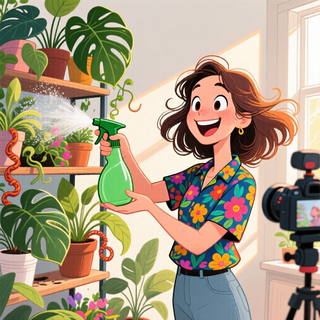 A woman doing a plant-care video, misting a shelf of lush houseplants.