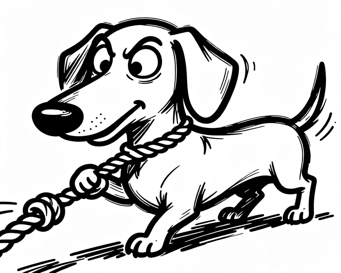 A dachshund playing tug of war with a rope toy, back paws braced and determined.