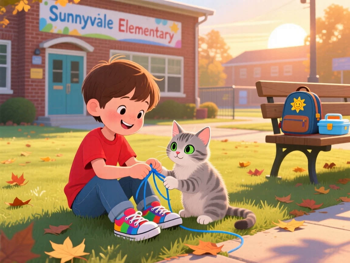 A child and a stray kitten are seen teaching each other to tie their shoelaces in a sunny schoolyard, while a warm glow of evening light surrounds them.