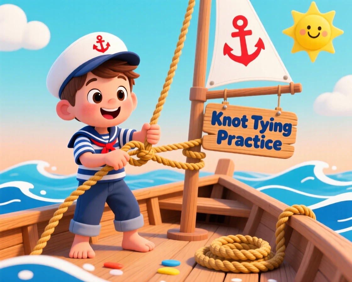 A young sailor learning to tie knots aboard a small wooden boat.