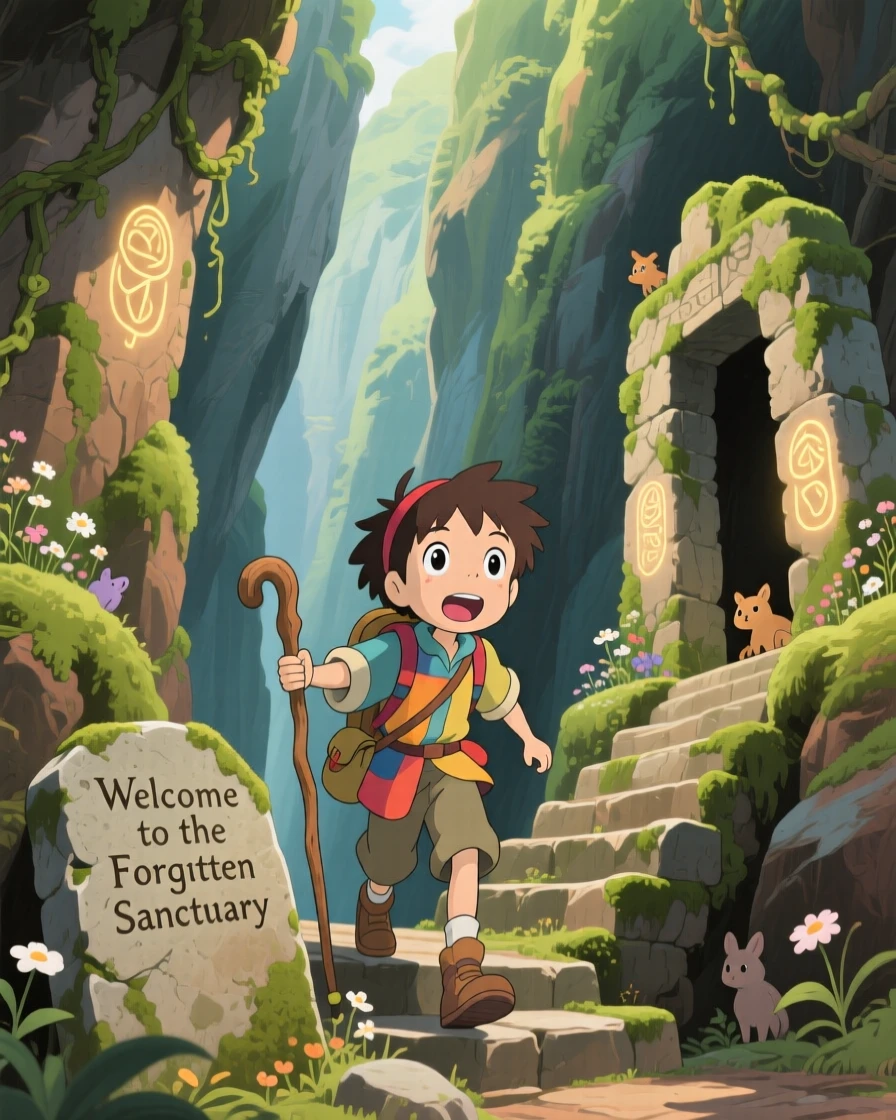 An adventurer descending into a canyon filled with ancient ruins, the moment thrilling and full of wonder.