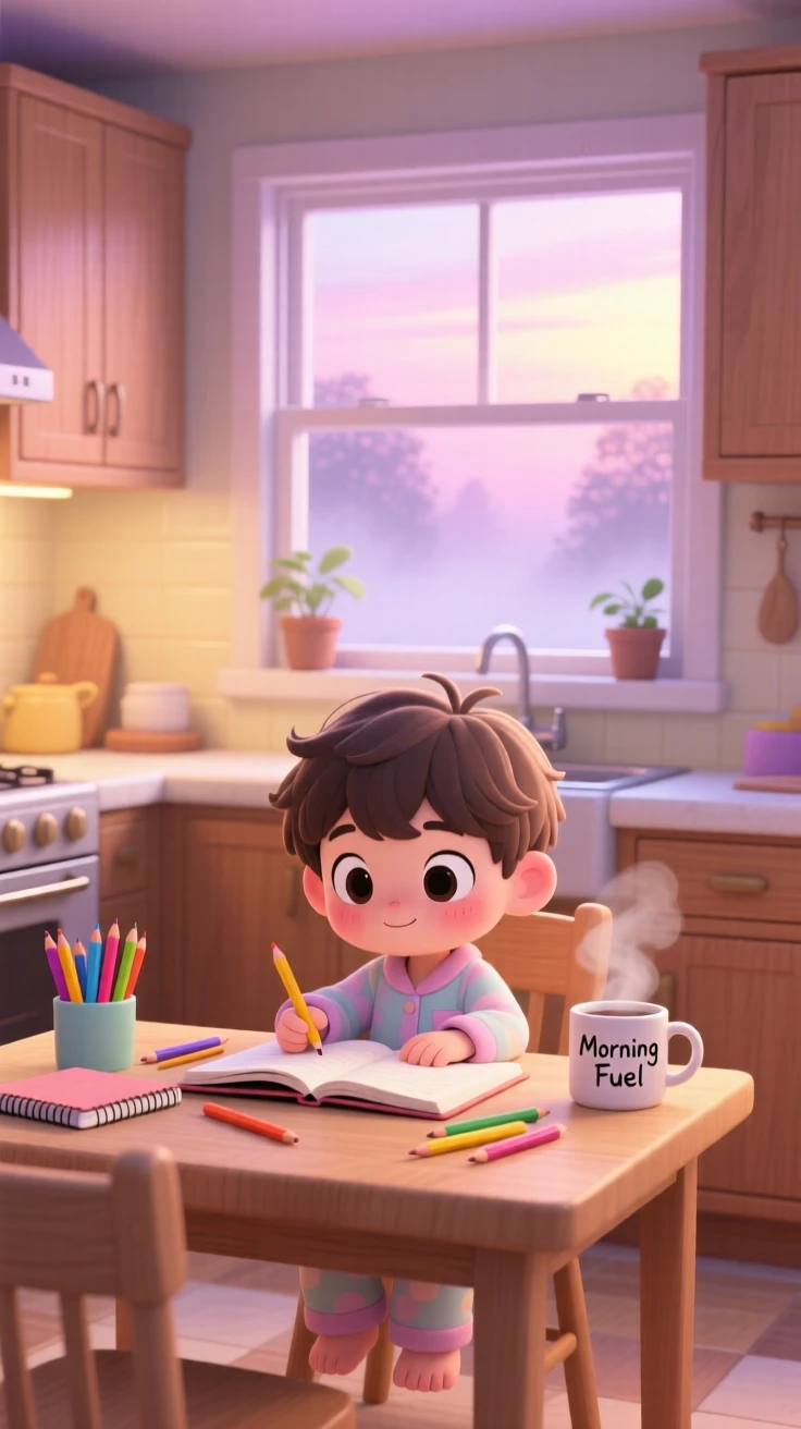 In a warmly lit kitchen, a small boy is doing homework at the kitchen table on a misty foggy morning, bathed in soft pastel light of dawn, expression full of warm affection. Shot as a wide establishing shot.