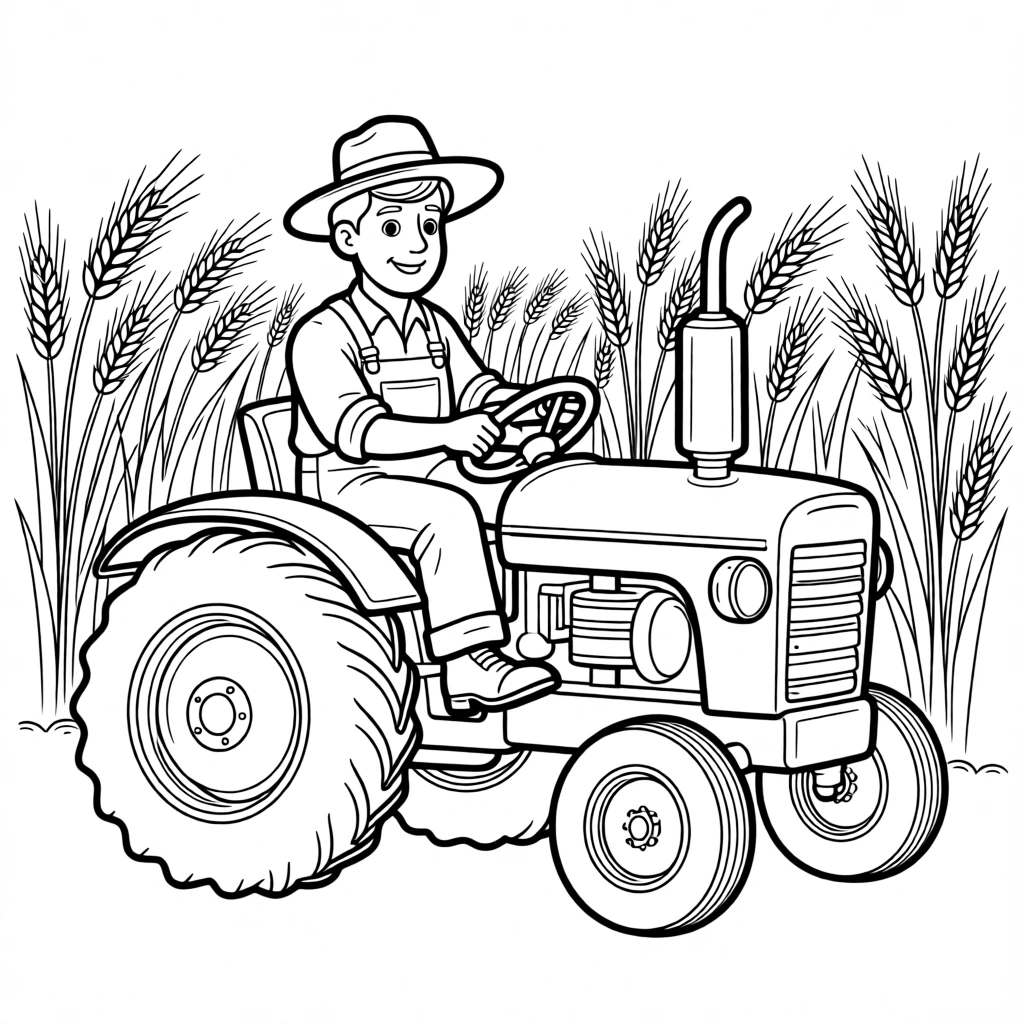 A farmer driving a tractor through rows of golden wheat