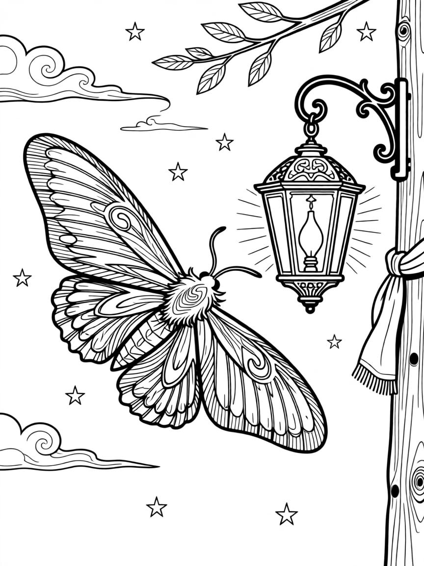 A moth drawn toward a glowing lantern at night, with dramatic feather detail catching the wind.