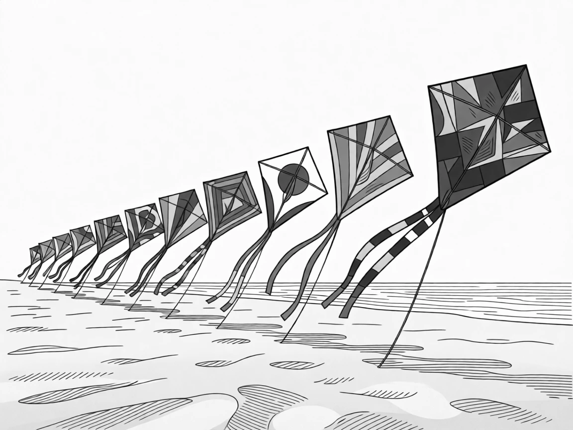 A row of colorful kites lined up on a sandy beach