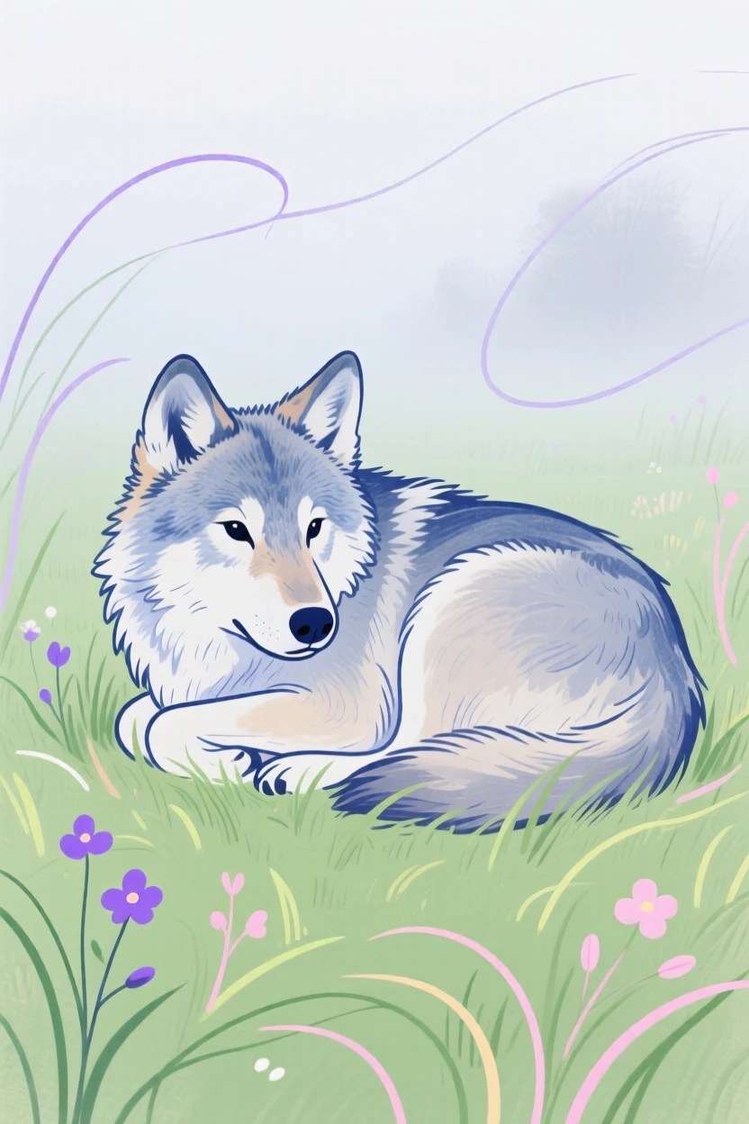 A young wolf curled up together in a misty morning field in early spring.