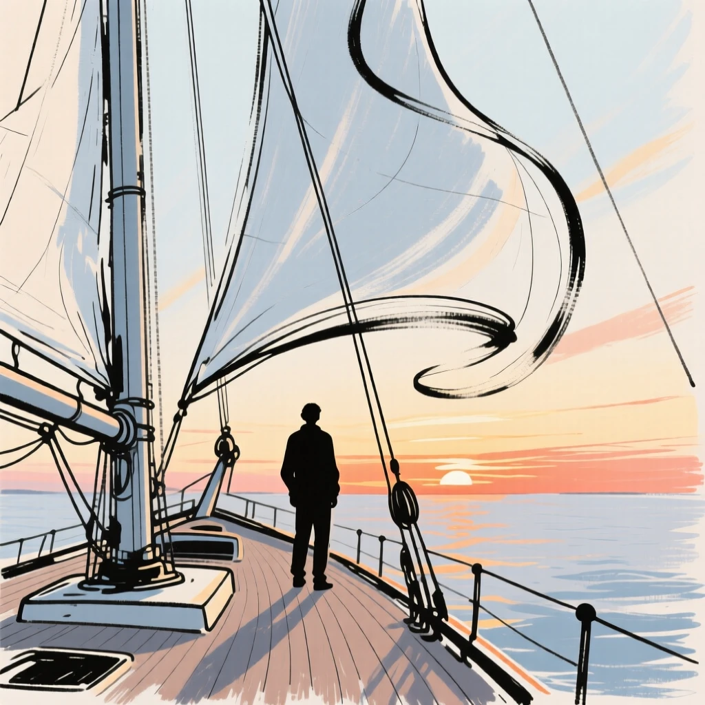 A lone traveler watching the sunset from the deck of a sailing ship.