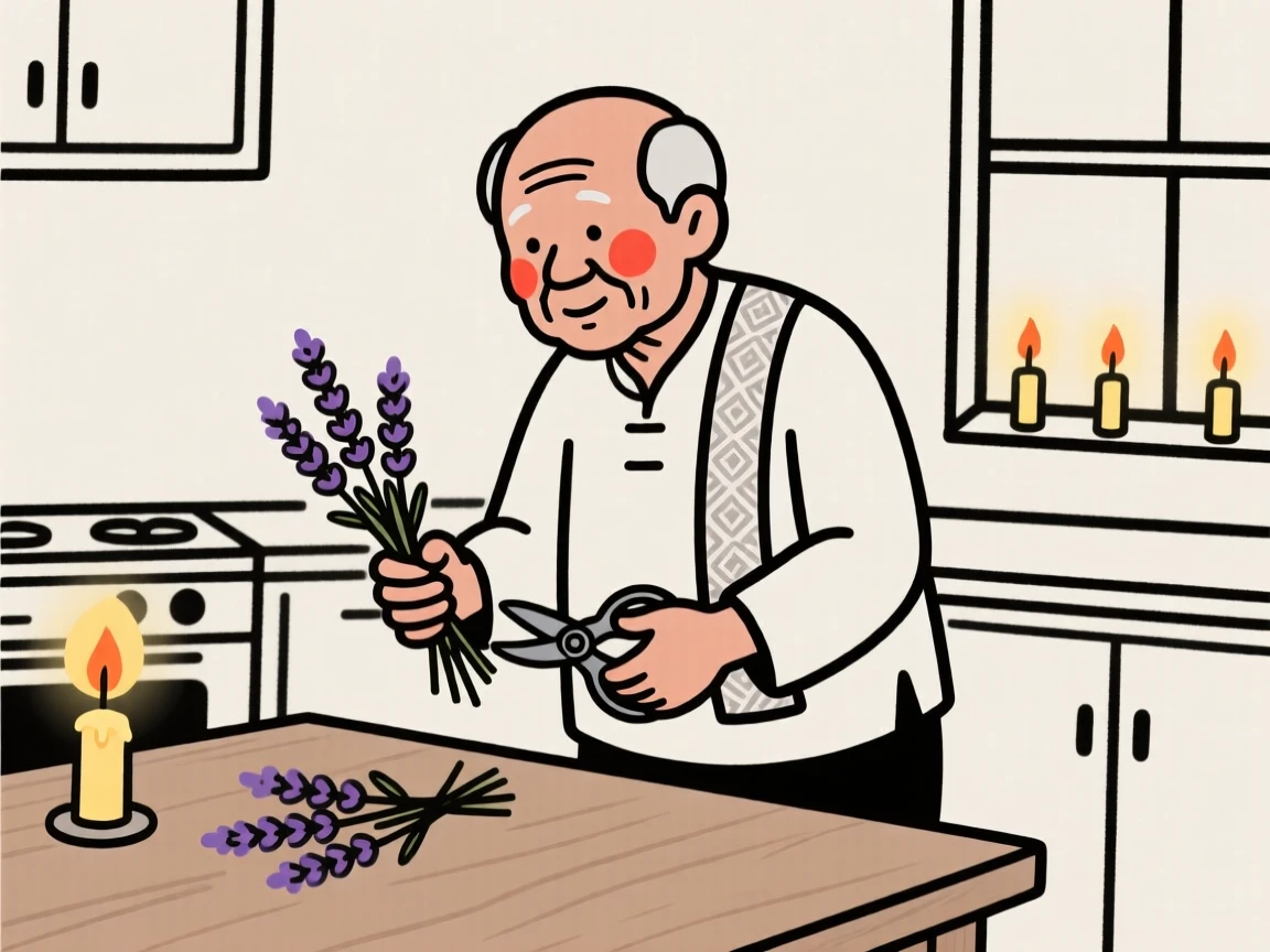 A grandfather of Thai heritage harvesting lavender in a summer field, in a cozy candlelit kitchen.